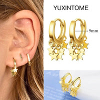 925 Silver Needle Star Hoop Earrings for Women - Five-pointed Star and Moon Pendant Huggie Earrings