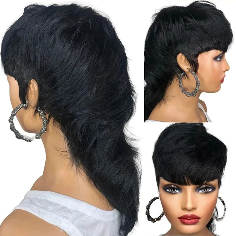 Mullet Wigs - Short Pixie Cut Wigs - Full Machine Made Wigs with Bangs, Glueless Human Hair Wigs for Women