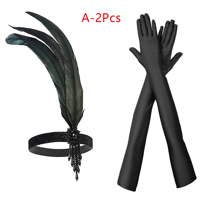 1set 1920's Cosplay Flapper Halloween Charleston Costume 1920s Gatsby Accessories Black Headpiece Great Gatsby Feather Headband Sweet T 52