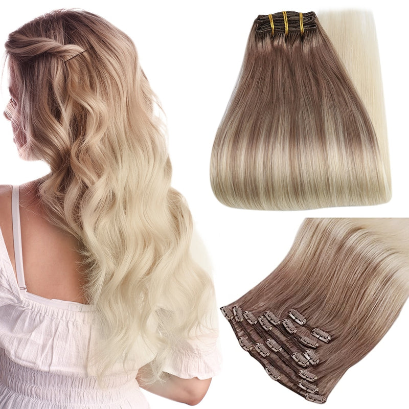 Clip-in Hair Extensions - Human Hair Clips Balayage(Highlights) 7pcs, 120g, Double Weft Human Hair Extensions for Women and Girls, 14 Inches