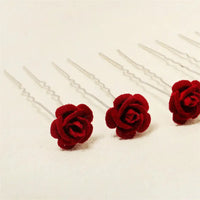 6 pcs/lot Red Rose Wedding/Bridal Hairpins, Flower Hair Accessories for Women, Bridal Headpiece, Floral Hair Pins-hair accessories-SWEET T 52