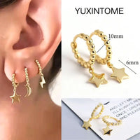 925 Silver Needle Star Hoop Earrings for Women - Five-pointed Star and Moon Pendant Huggie Earrings
