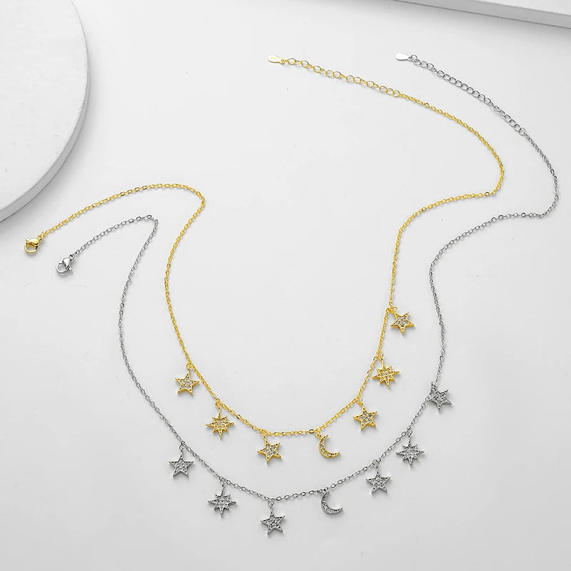 Moon/Star Tassel Zircon Necklace for Women. Choker Personality Fashion Jewelry for Casual Wear.