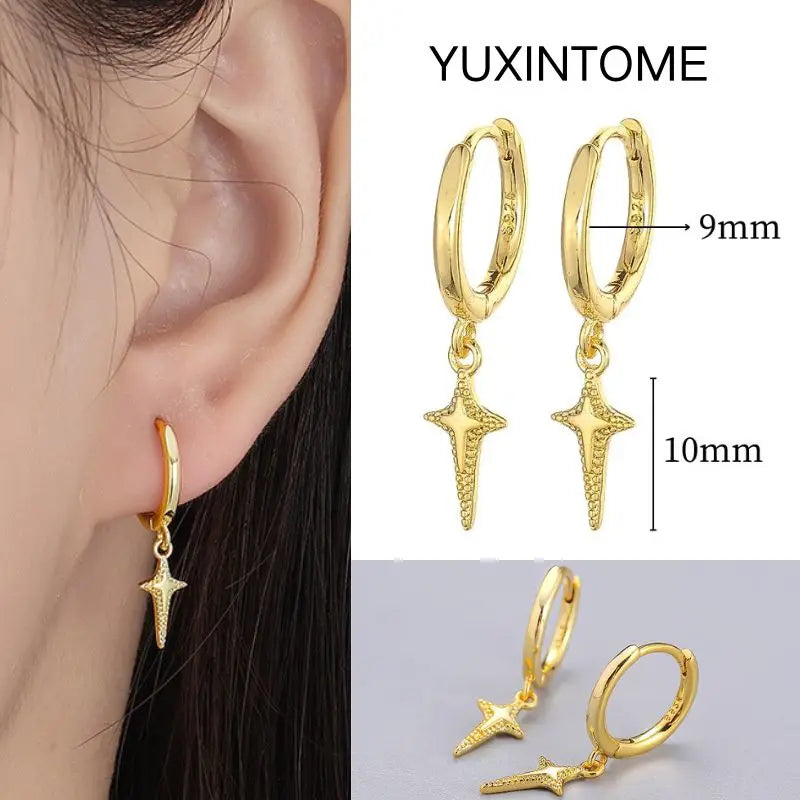 925 Silver Needle Star Hoop Earrings for Women - Five-pointed Star and Moon Pendant Huggie Earrings