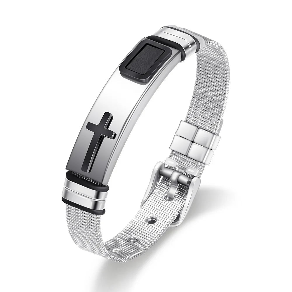 Men's Cross Prayer Strap Bracelets, Stainless Steel Net Watch Band, Male/Female, Unisex, Size Adjustable