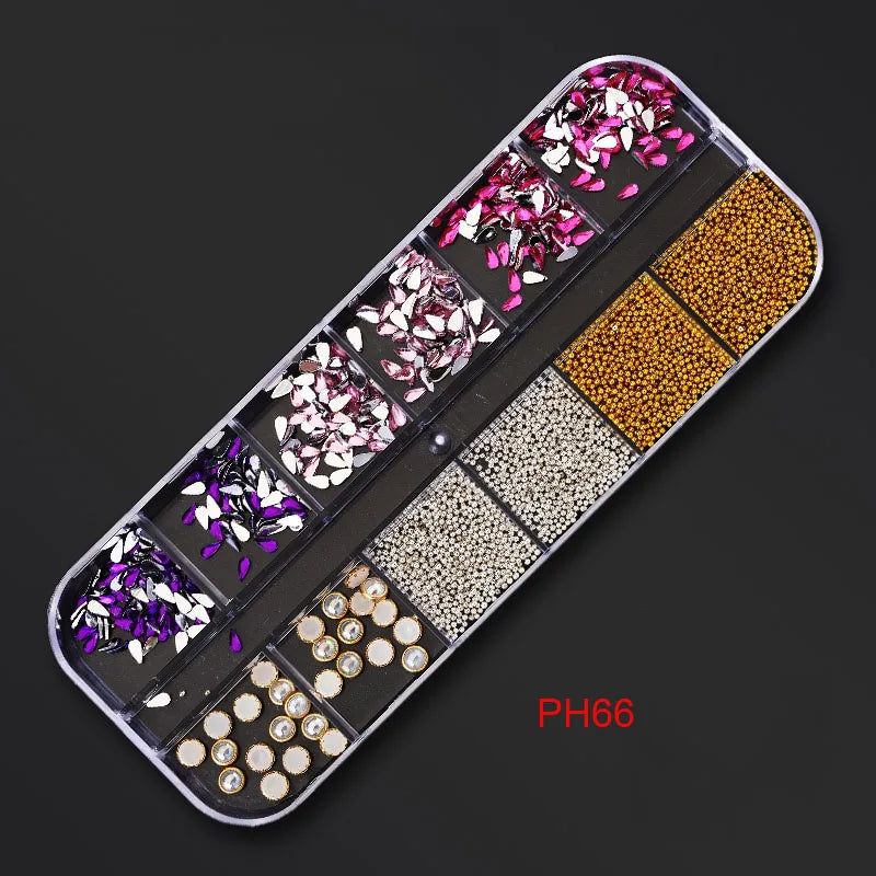 12Gird Box Multi Size AB/Colorful Non-Hotfix Rhinestones Flatback Crystal Diamond Gems 3D Glitter Nail Art Luxurious Decorations SWEET T 52
