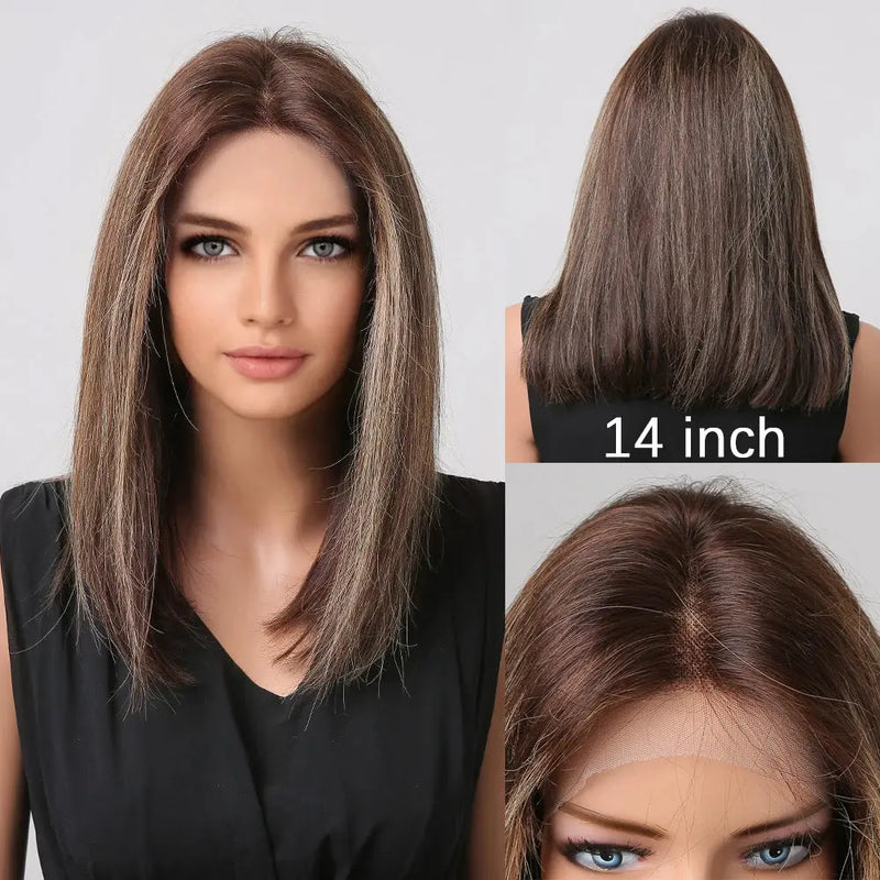 Human Hair 13x1 Lace Front Wig for Women & Girls, Shoulder Length Bob {Straight} with Highlights - Heat Resistant