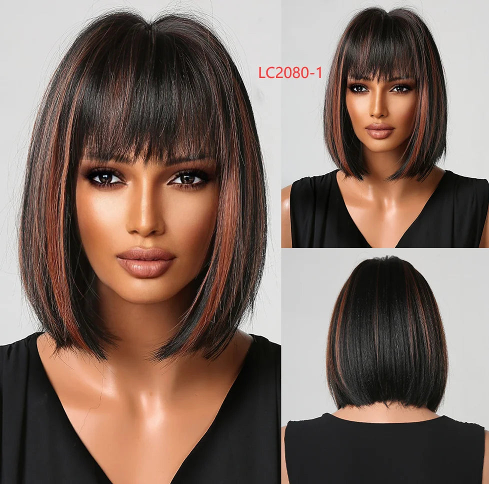 Short Straight Synthetic Wigs for Women with Bangs - Short Straight Bob Hair Wigs