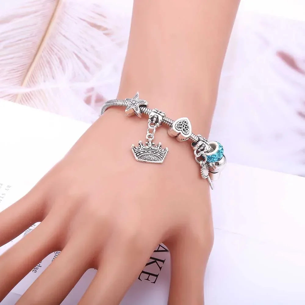 New Charm Bracelet & Bangles Jewelry for Women - White Butterfly Crown Beads "Lobster Clasp" Charm Bracelets