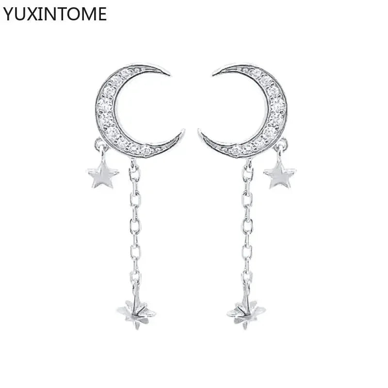 925 Silver Needle Star Hoop Earrings for Women - Five-pointed Star and Moon Pendant Huggie Earrings