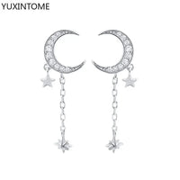 925 Silver Needle Star Hoop Earrings for Women - Five-pointed Star and Moon Pendant Huggie Earrings