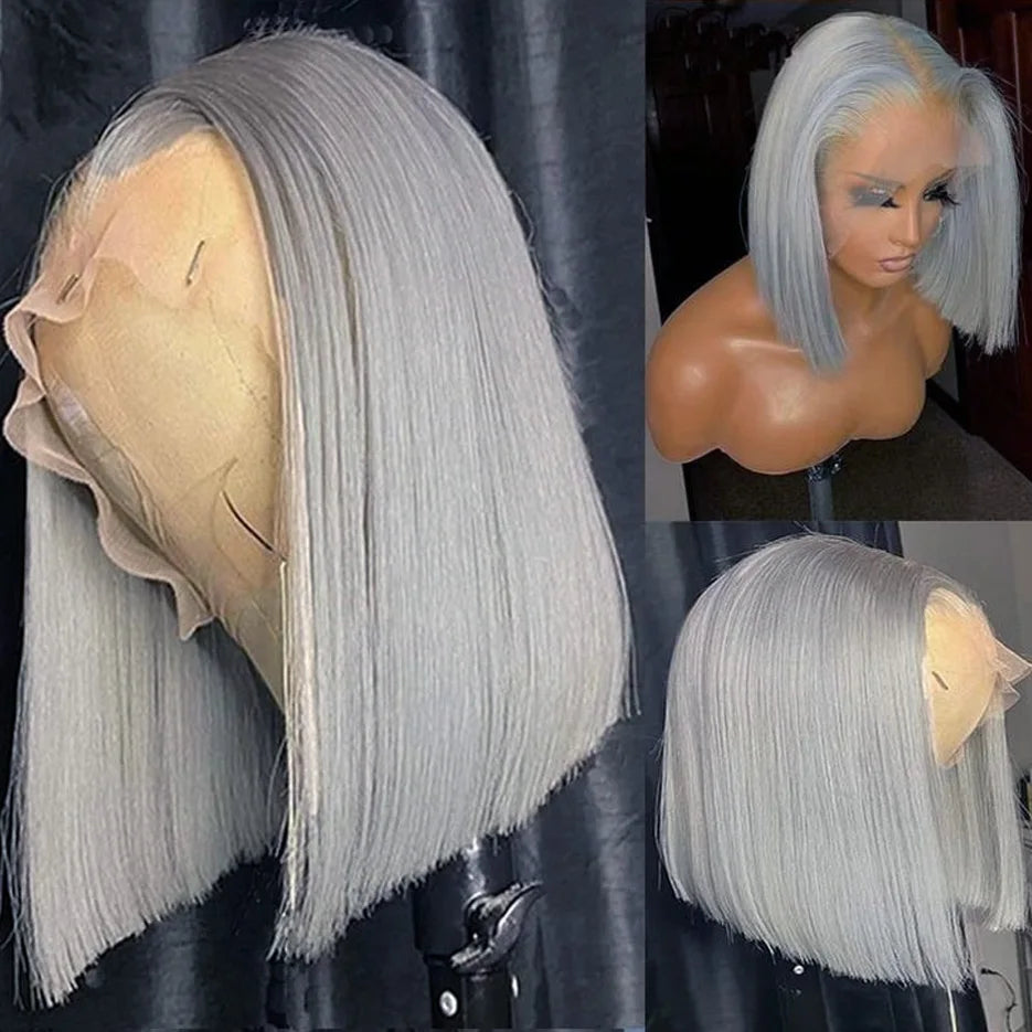 Silver Grey Bob Wig — 13x6 Transparent Lace Frontal, Pre-Plucked, Ships from USA