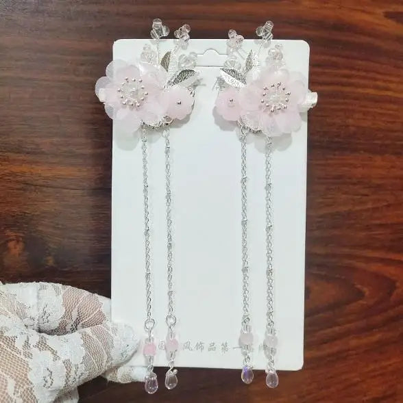 2pcs/set Chinese Style Pink Blue Flower Pearls, Long Tassel Hairpins, Clips, Headpieces for Kids.