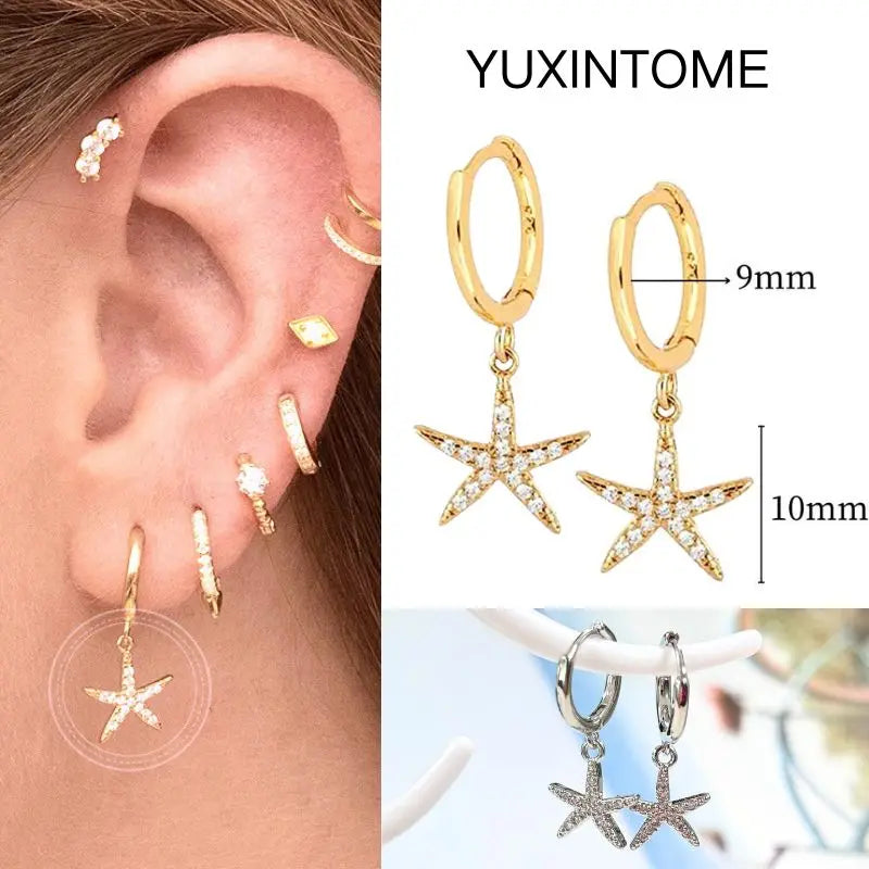 925 Silver Needle Star Hoop Earrings for Women - Five-pointed Star and Moon Pendant Huggie Earrings