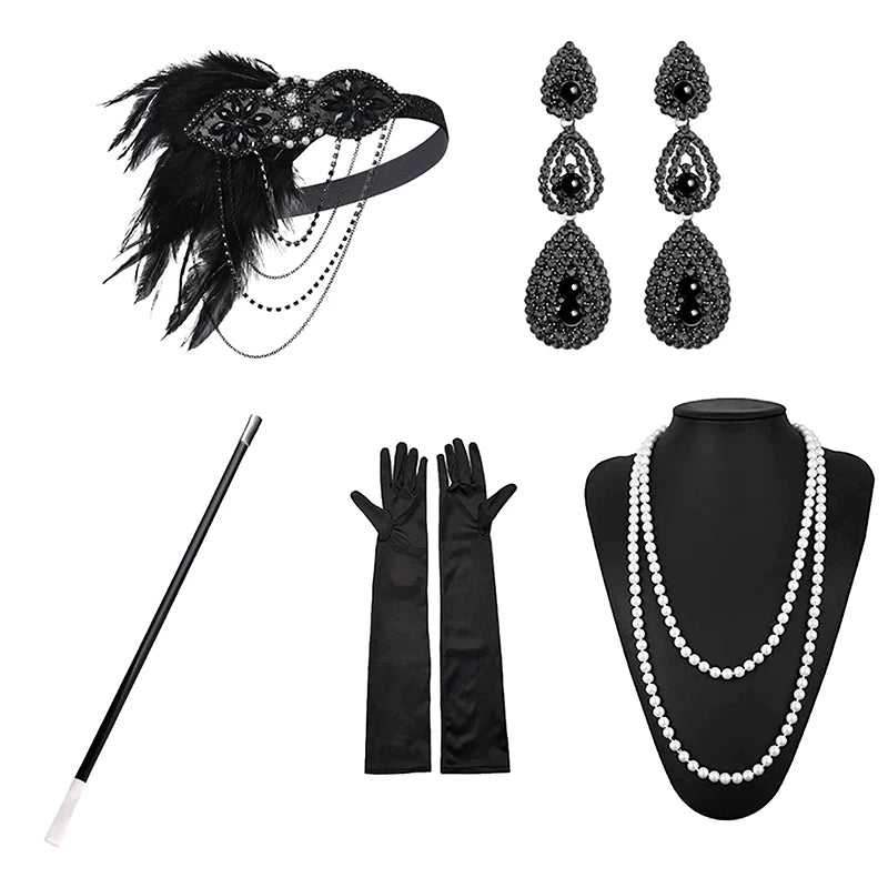 1set 1920's Cosplay Flapper Halloween Charleston Costume 1920s Gatsby Accessories Black Headpiece Great Gatsby Feather Headband Sweet T 52