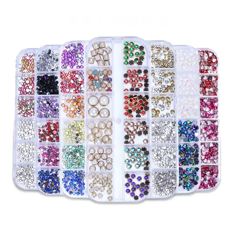 12 Grid/Box 3D Shiny Manicure Accessories, Transparent AB Nail Rhinestones, Colorful Nail Art Kit