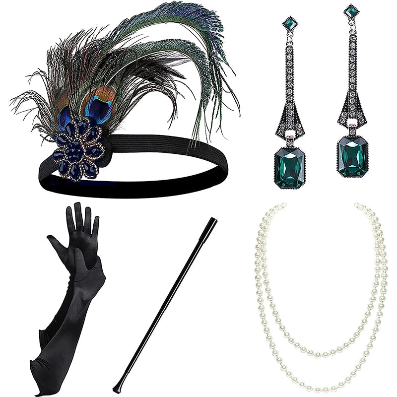 1set 1920's Cosplay Flapper Halloween Charleston Costume 1920s Gatsby Accessories Black Headpiece Great Gatsby Feather Headband Sweet T 52