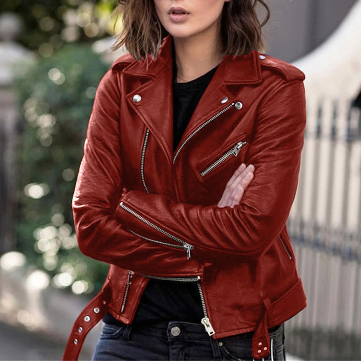 Women's Belted Faux Leather Moto Jacket, S to 3XL