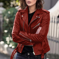 Women's Belted Faux Leather Moto Jacket, S to 3XL