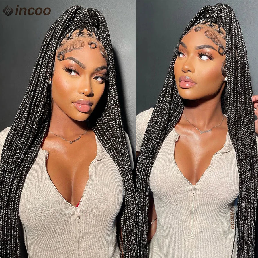 Synthetic 36" Full Lace Knotless Box Braided Wigs for Women - Cornrow Braids, Lace Frontal Wigs, Colored Braided Wigs