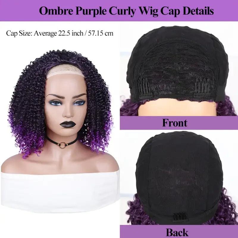 3/4 - Half Wigs, Short Synthetic Afro Curly Wigs, Purple Wigs for Women & Girls , Kinky Curly Bob