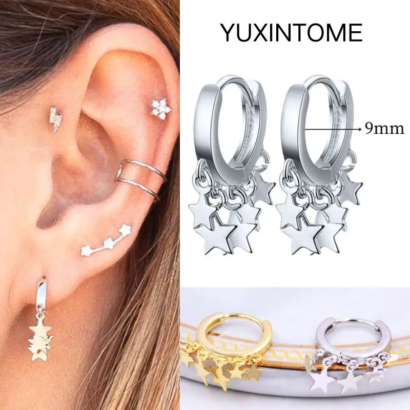 925 Silver Needle Star Hoop Earrings for Women - Five-pointed Star and Moon Pendant Huggie Earrings