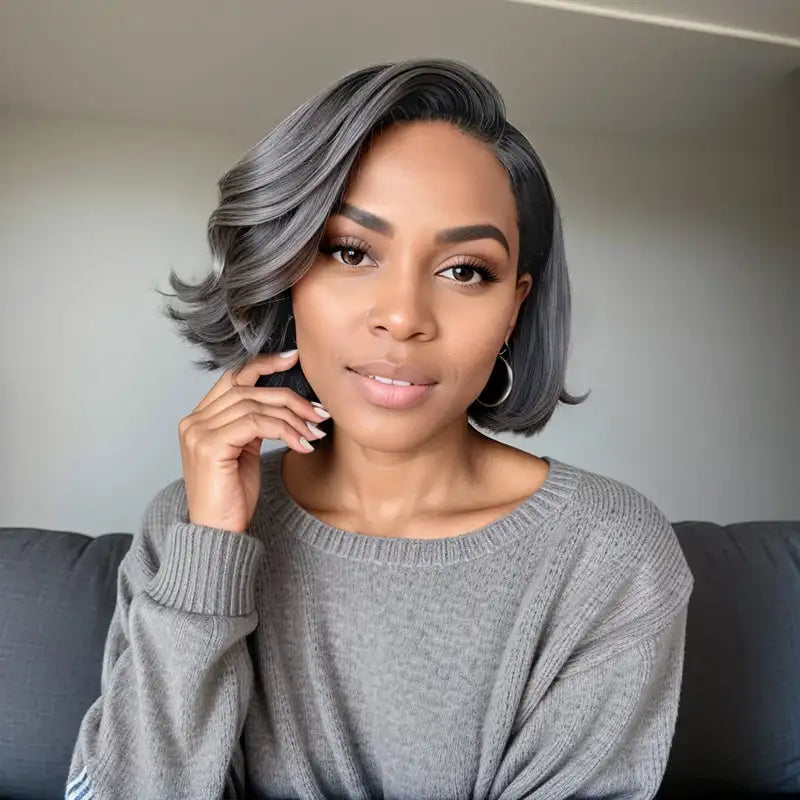 Salt And Pepper Short Pixie C Part Cut Glueless 5x5 Closure Lace Wig 100% Human Hair Sweet T 52