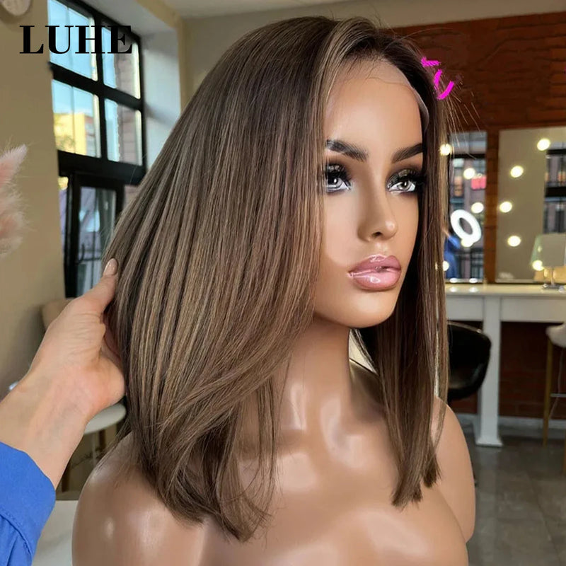 Ombre Ash Brown Highlights 13x3 Synthetic Lace Frontal Wigs for Women, Short Straight/Wavy Bob Lace Wigs