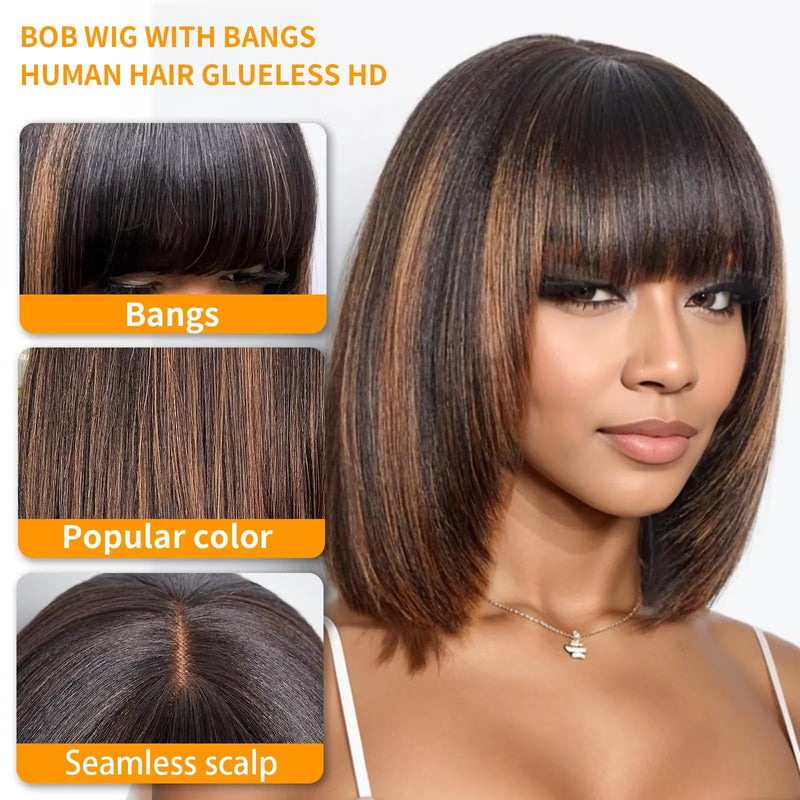 200% Highlight Bob Wig 13x4 Lace Front Wig P4/27 Colored Human Hair Wigs Honey Brown 13x6 Straight Lace Frontal 100%  Remy Wigs Sweet T 52