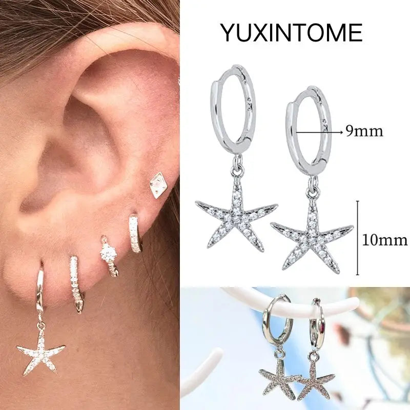925 Silver Needle Star Hoop Earrings for Women - Five-pointed Star and Moon Pendant Huggie Earrings