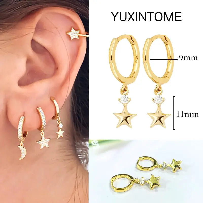 925 Silver Needle Star Hoop Earrings for Women - Five-pointed Star and Moon Pendant Huggie Earrings