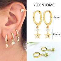 925 Silver Needle Star Hoop Earrings for Women - Five-pointed Star and Moon Pendant Huggie Earrings