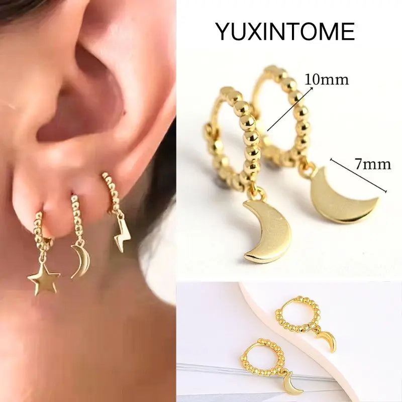925 Silver Needle Star Hoop Earrings for Women - Five-pointed Star and Moon Pendant Huggie Earrings