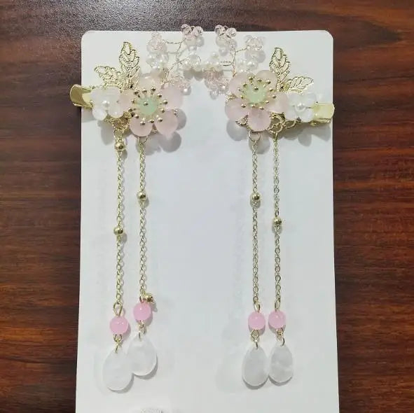 2pcs/set Chinese Style Pink Blue Flower Pearls, Long Tassel Hairpins, Clips, Headpieces for Kids.