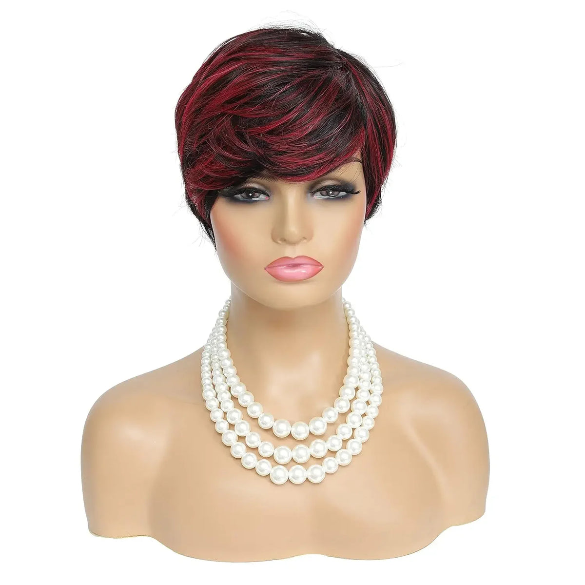 Short Hair Wigs for Women - Synthetic Ombre Red Wig, Pixie Cut with Bangs