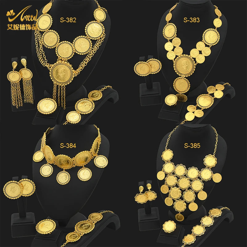 African Coin Necklace Jewelry Set For Women & Girls - Dubai Nigerian Fashion, Choker Necklace, Bracelet, Earrings & Ring
