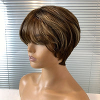 Pixie Cut Wig - Brazilian Remy Human Hair with Blonde Highlights. Full Machine Made Wig, Layered & Straight