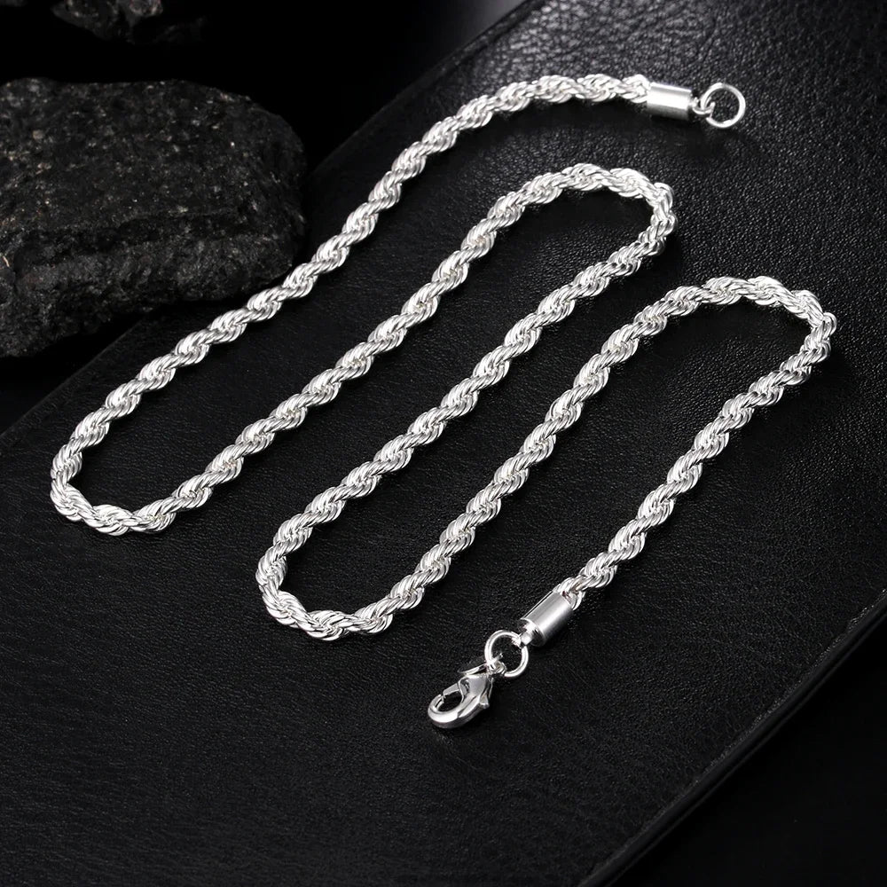 4 mm Rope Chain Necklace, Marked 925 Sterling Silver
