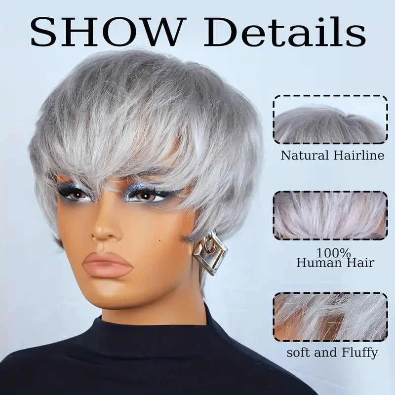 Silvery Grey Short Pixie Cut Wig with Bangs, Layered Straight Machine Made Bob Wig for Women