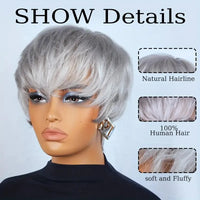 Silvery Grey Short Pixie Cut Wig with Bangs, Layered Straight Machine Made Bob Wig for Women