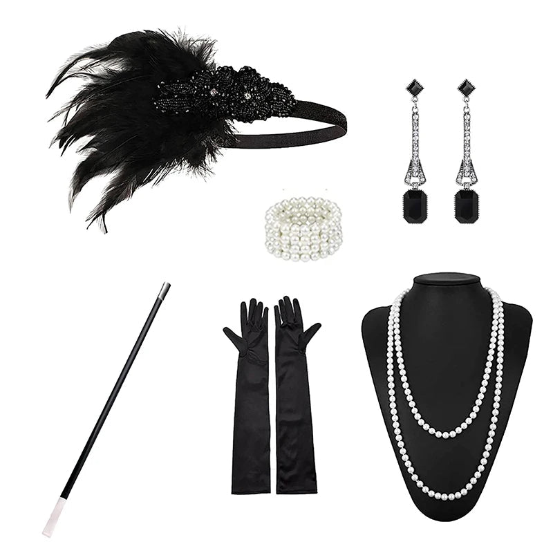 1set 1920's Cosplay Flapper Halloween Charleston Costume 1920s Gatsby Accessories Black Headpiece Great Gatsby Feather Headband Sweet T 52