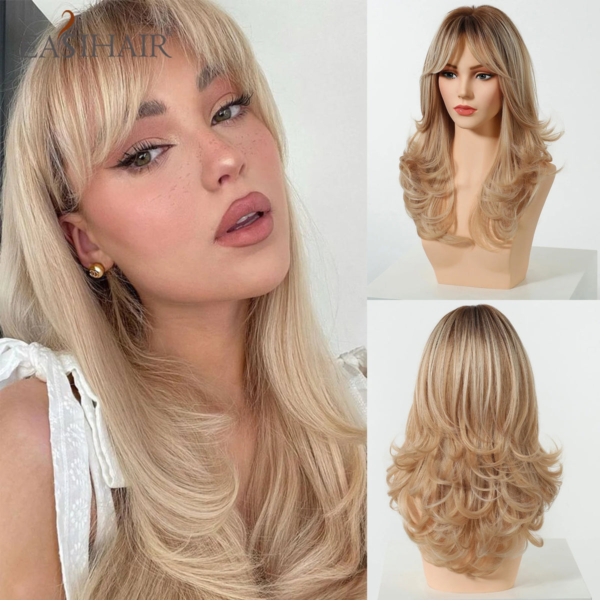 EASIHAIR Light Orange Synthetic Wigs Long Wavy Ombre Natural Hair Wigs with Bangs for Women Cosplay Lolita Wig Heat Resistant SWEET T 52