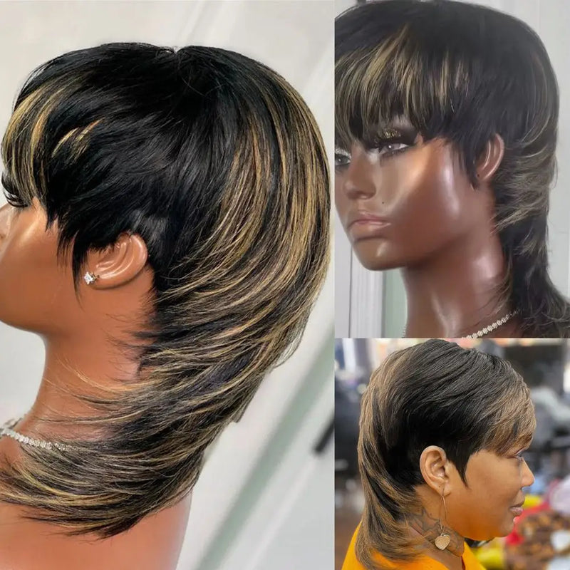 Mullet Wigs - Short Pixie Cut Wigs - Full Machine Made Wigs with Bangs, Glueless Human Hair Wigs for Women