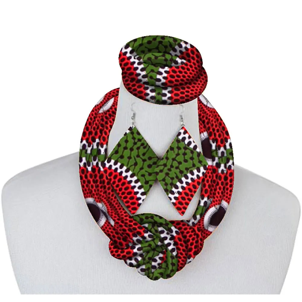 3 Pieces African Necklace - Print Wax Ankara Fabric Set, Side Knot Necklace, Bracelet and Earrings