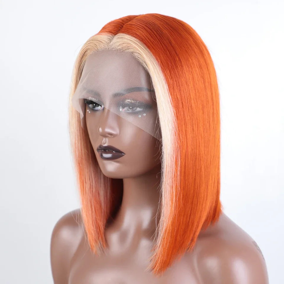 Ombre Straight Bob 13x6X2 Lace Front Wigs. Human Hair Short Bob Wigs, Ash Blonde Remy Hair, Pre-Plucked, Glueless Wig.