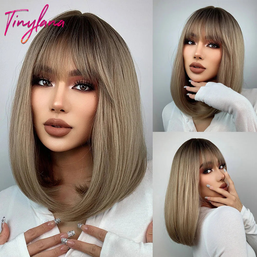 Short Straight Synthetic Wigs for Women with Bangs - Short Straight Bob Hair Wigs