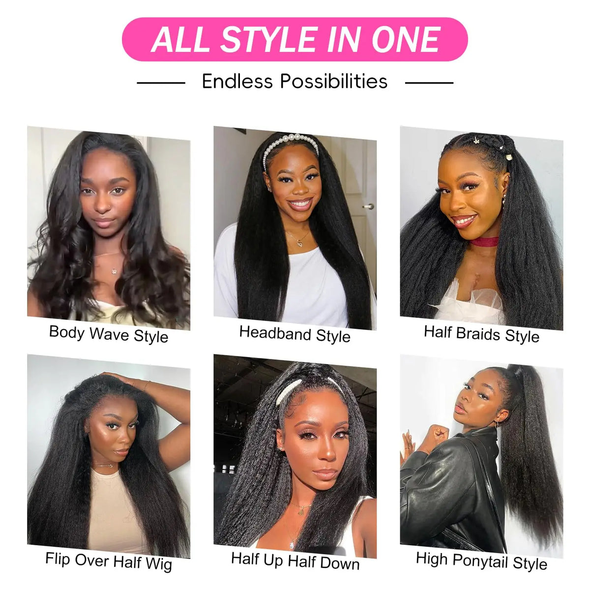 3 In 1 Half Wig - Human Hair With Drawstring. Kinky Straight Half Wig Ready To Go, Comfortable Fit, No Glue Needed, Natural Hairline