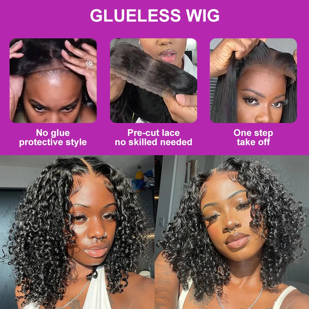 No Glue Deep Wave Lace Frontal Wigs for Women - 13x4/7x5 Glueless Bob Wigs, Curly Human Hair Wigs, 250 Density, Ready to Wear