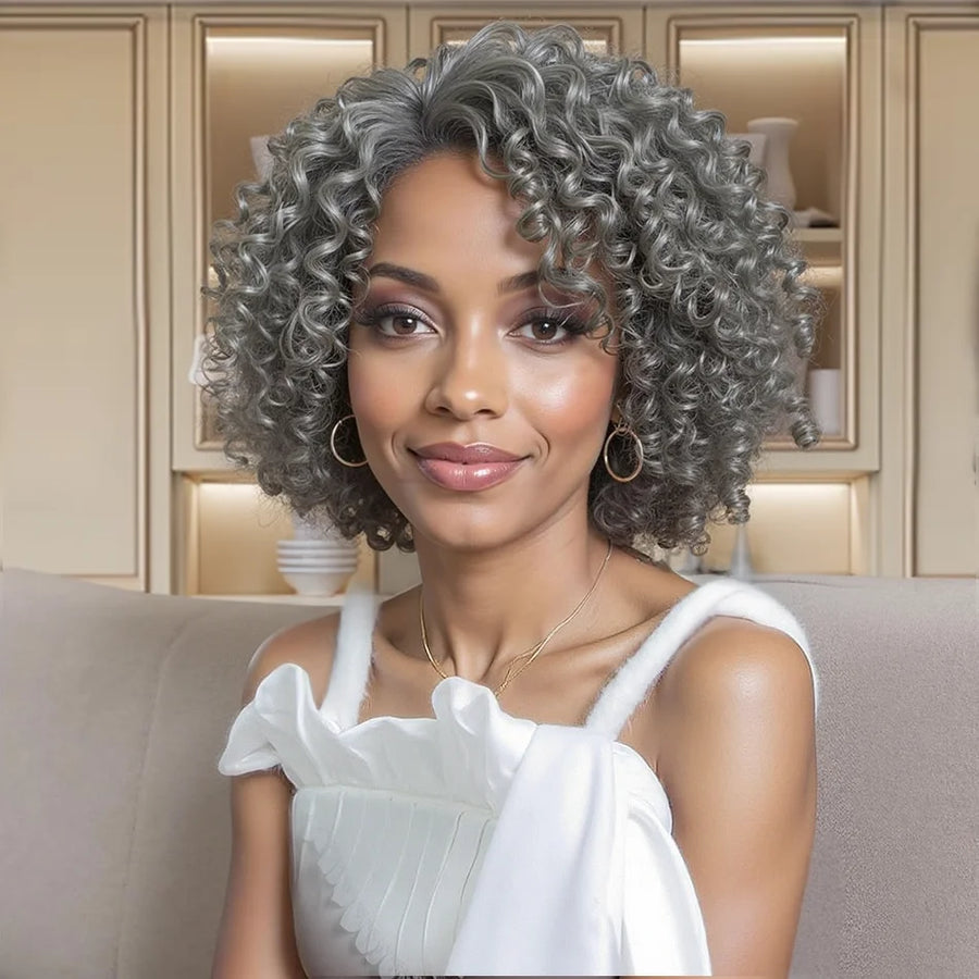 12inch Salt And Pepper Wigs Human Hair HD Grey Lace Front Wig Human Hair Pre Plucked Hairline Deep Curly Salt and Pepper Bog Wig Sweet T 52