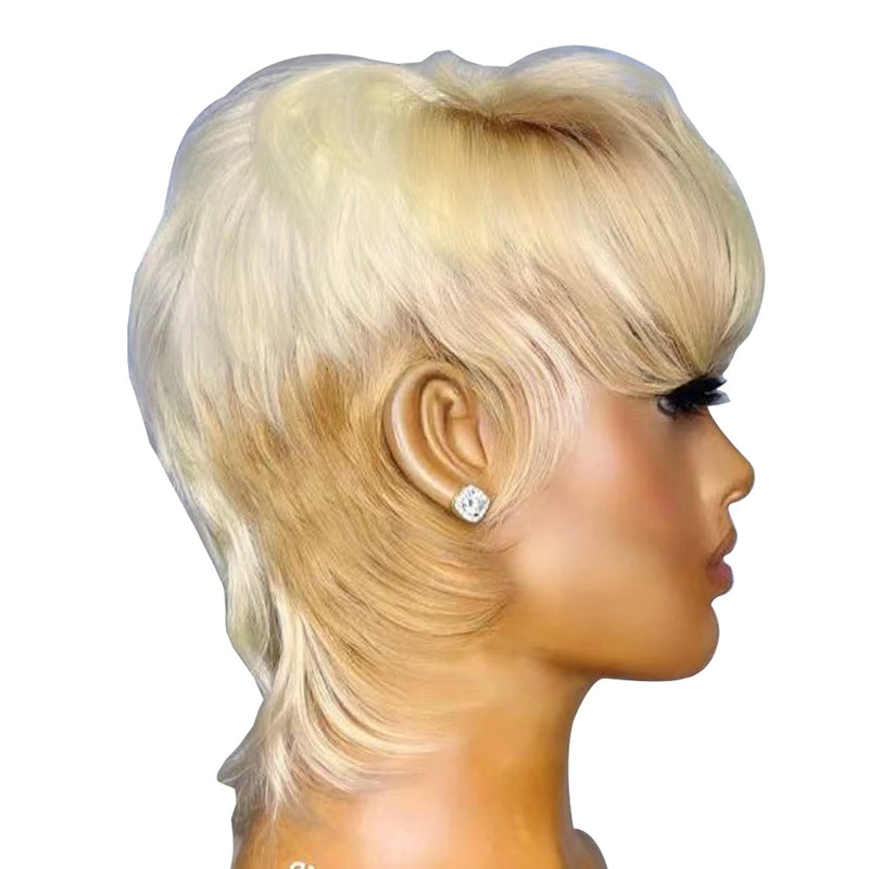 613 Blonde Human Hair Mullet Wig, Brazilian Remy Straight Hair Wig with Bangs for Women & Girls